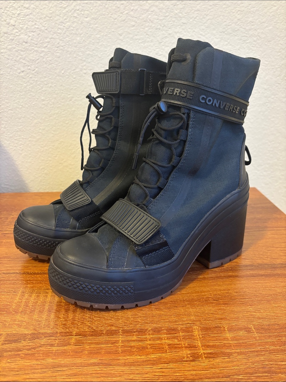 Converse Women's Black Platform Lace-Up Strap Heeled Boots